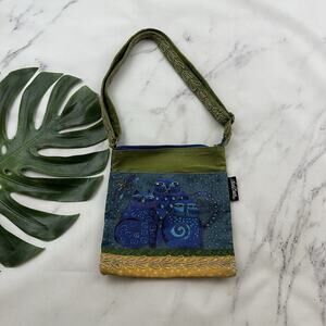 Laurel Burch Vintage y2k Canvas Cross Body Purse Bag Blue Green Cats Art